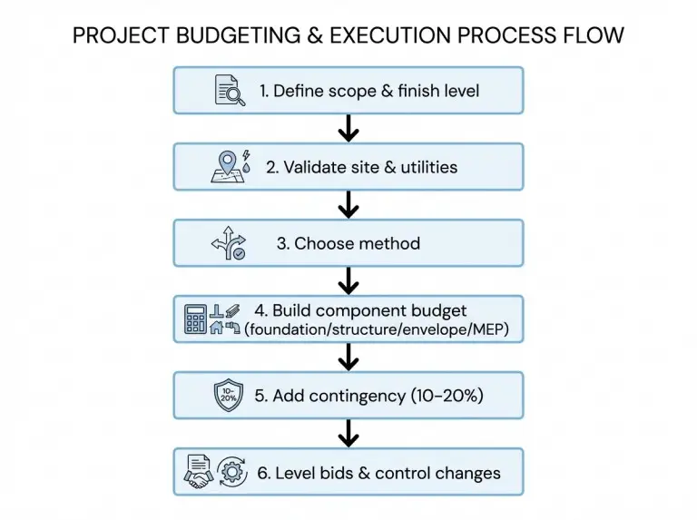 Flowchart showing six steps to estimate and control commercial construction cost per square foot