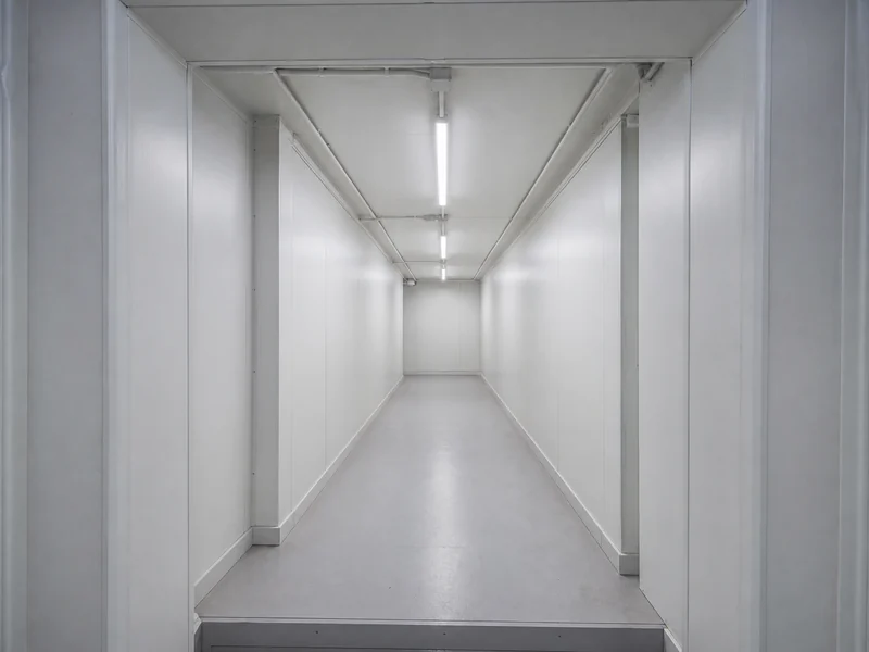 Narrow container building interior showing the roughly 7 ft 8 in usable width and the headroom lost to insulation and a levelled floor