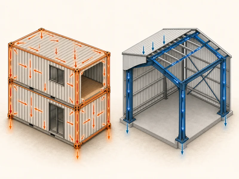 Cutaway comparison of a shipping container carrying load in its corrugated skin and a steel building frame carrying load in columns and rafters