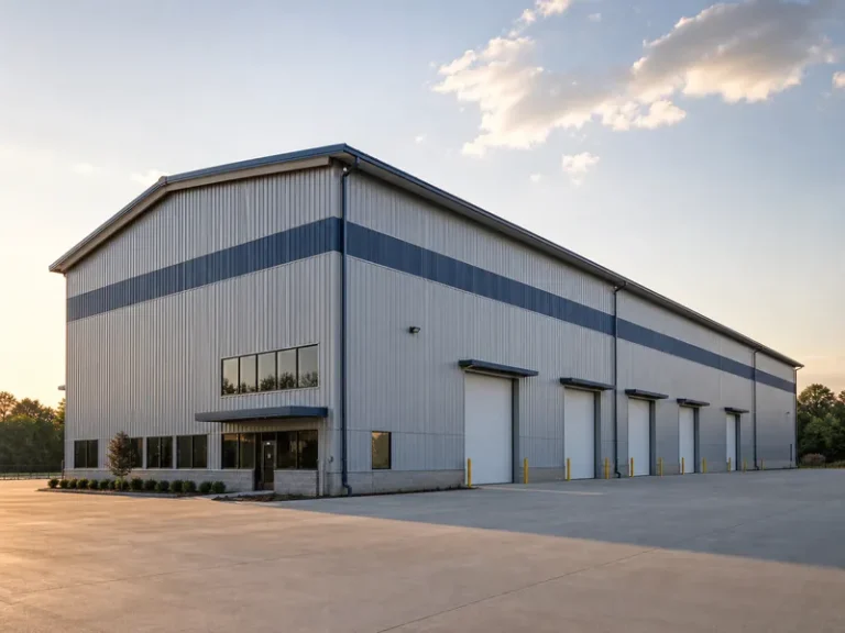 Custom steel warehouse building exterior with a clear span frame and dock doors along the sidewall