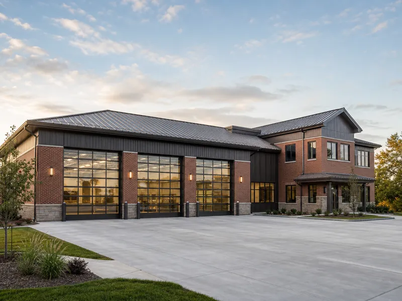 Modern three-bay fire station exterior showing apparatus bay doors and attached living quarters, the two scopes that drive fire station construction cost