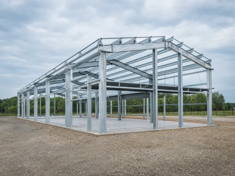 Bare galvanized steel frame of a new metal building during erection, the stage where galvanizing vs painting steel is decided by site exposure