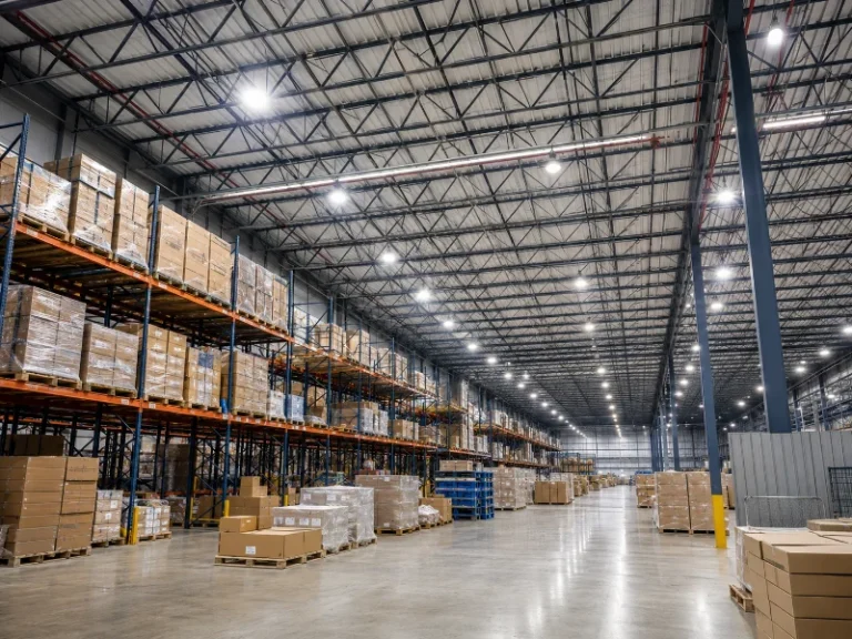 High bay warehouse lighting over racked aisles in a steel-framed warehouse with roughly 30-foot clear height