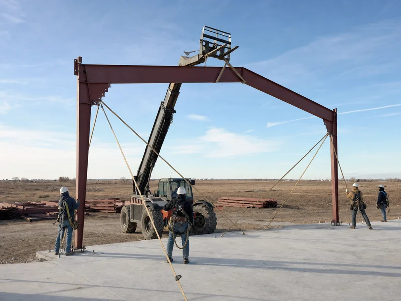 Erection crew raising a braced primary frame with a telehandler, the field work priced in the labor cost to erect a steel building