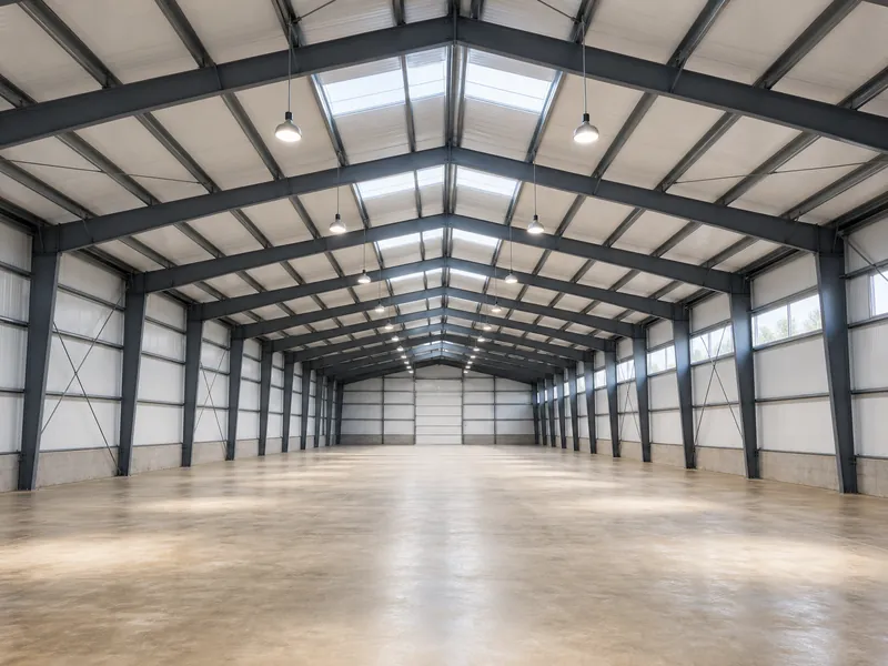 Metal building interior lit by roof skylights and LED high bay fixtures across a clear-span bay