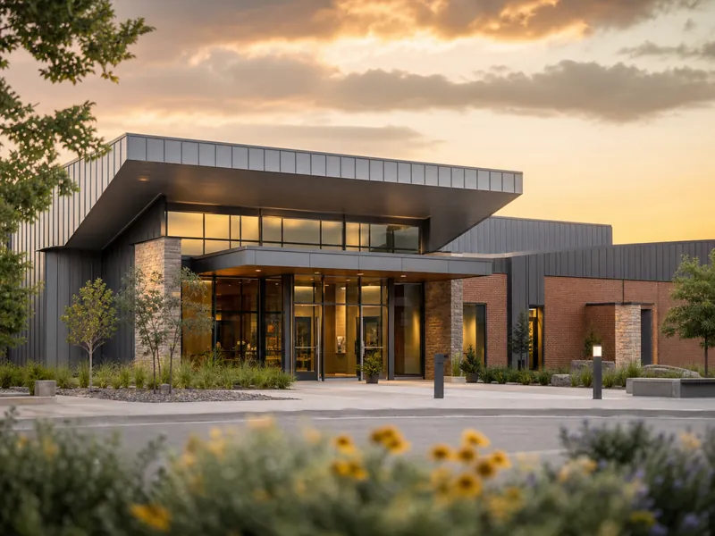 Prefab steel building for a theatre and museum with a wide clear-span facade