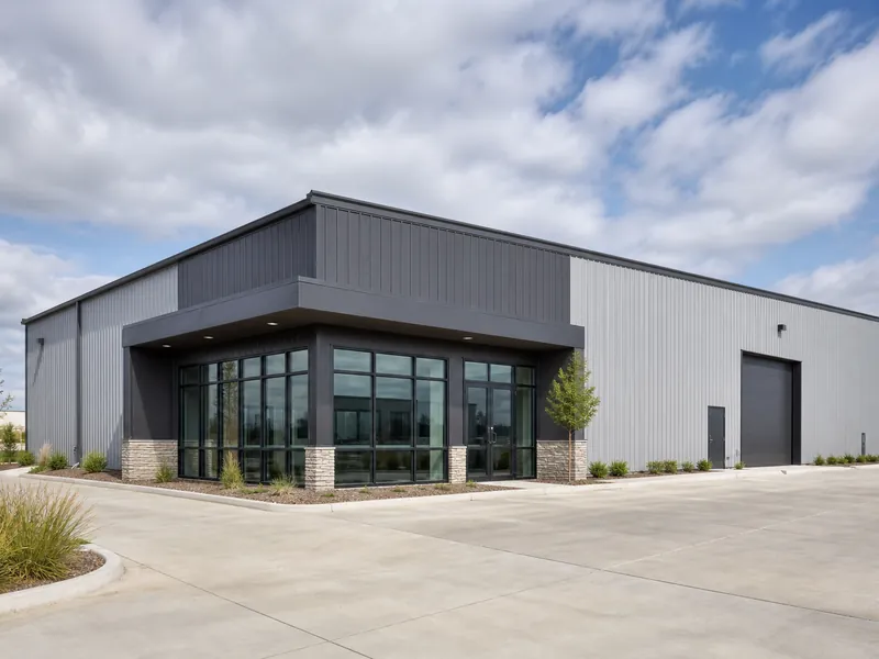 Prefabricated metal building providing flexible business space with a clear-span steel shell