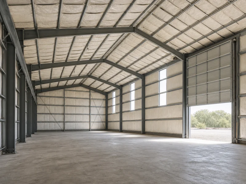 Clear span steel building interior with high eave height, girts and purlins holding the insulation cavity above an open workshop floor