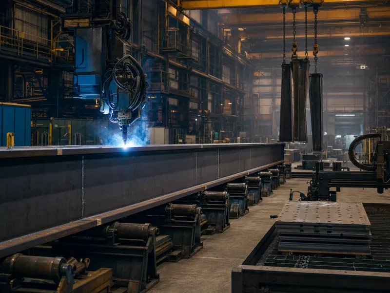 Steel building frame members being cut and welded in a fabrication shop, where operation count rather than tonnage sets the fabrication cost