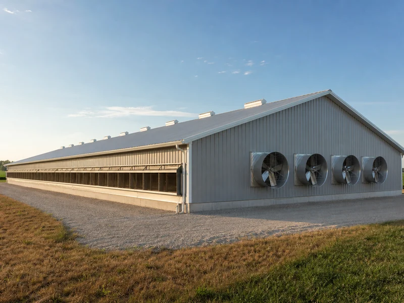 Long tunnel-ventilated steel structure chicken house with sidewall inlets and end-wall exhaust fans on a US farm site