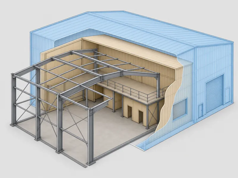 Cutaway view of a steel warehouse showing the structural frame, enclosed interior and envelope customization layers