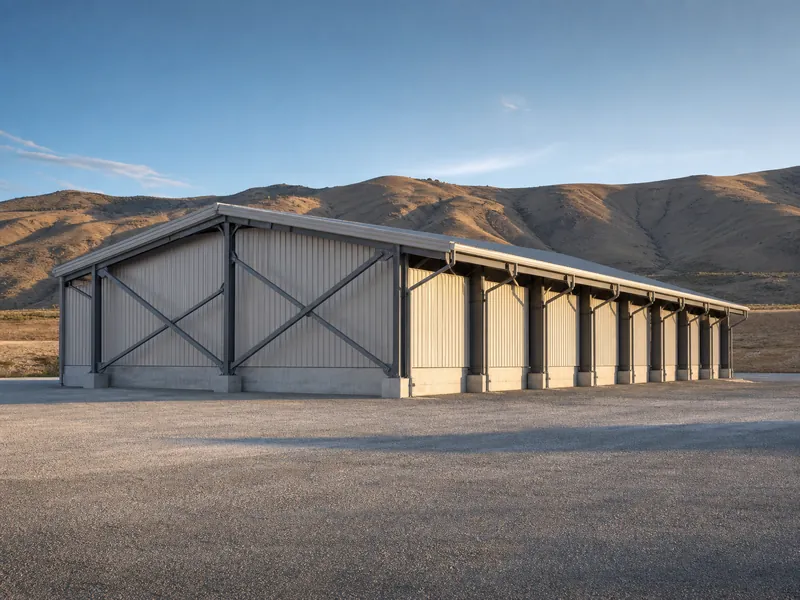 Steel warehouse building framed for earthquake resistance in a seismic region, with rigid frame bays and wall bracing visible