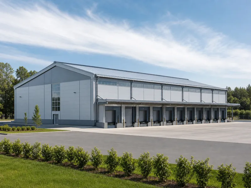Steel warehouse exterior with standing seam metal roof under clear sky, showing the building shell that drives embodied and operational carbon