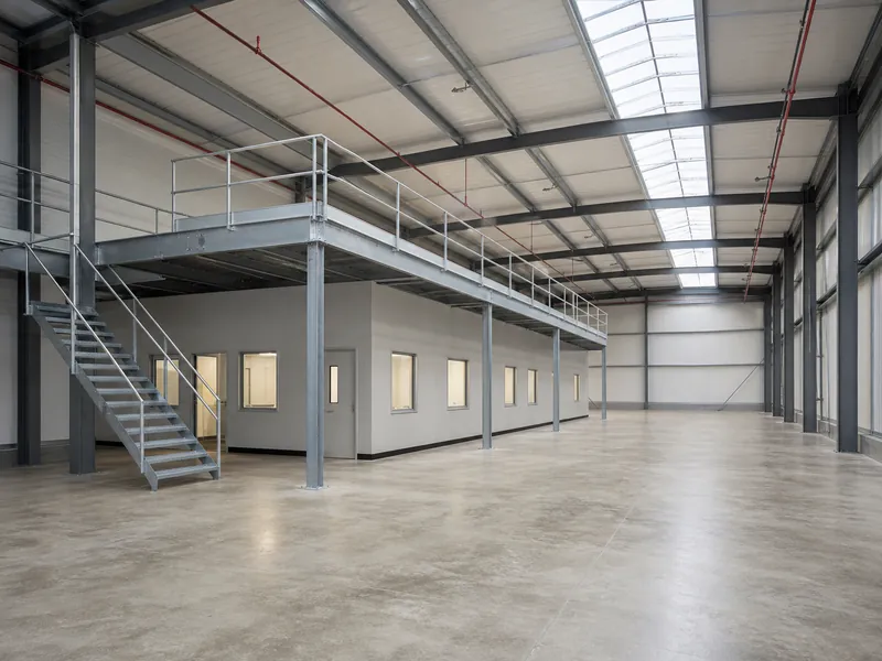 Mezzanine and enclosed office area inside a customized steel warehouse building