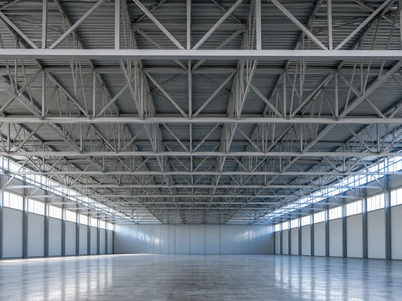 Interior of a long-span steel web truss building showing triangulated top and bottom chords spanning a column-free warehouse floor
