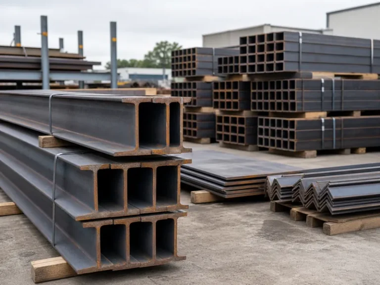 Wide-flange structural steel beams and hollow sections stacked in a fabrication yard, each grade separated for specification checks