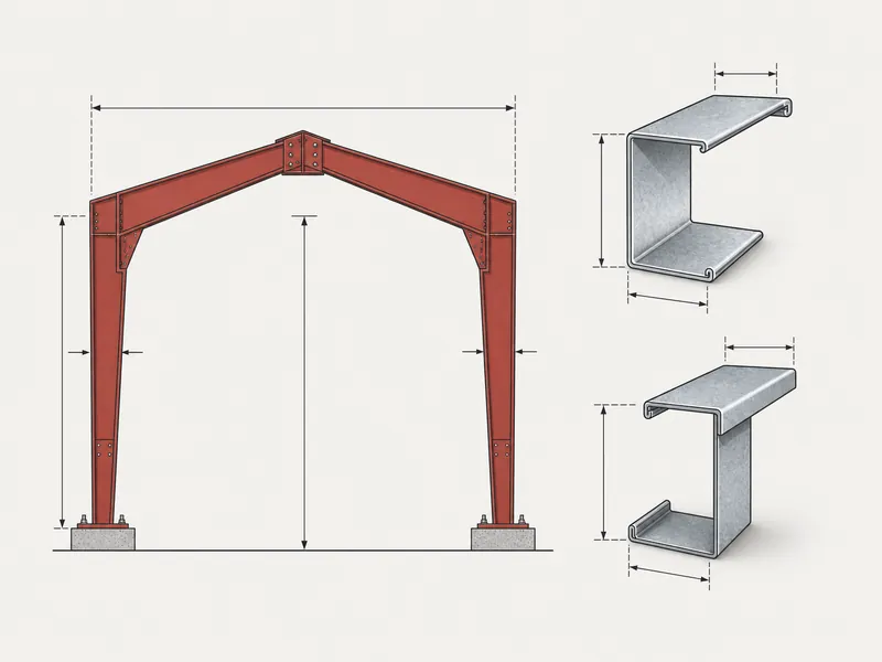 Technical diagram of metal building frame types, contrasting a tapered hot-rolled rigid frame with roll-formed C and Z secondary members