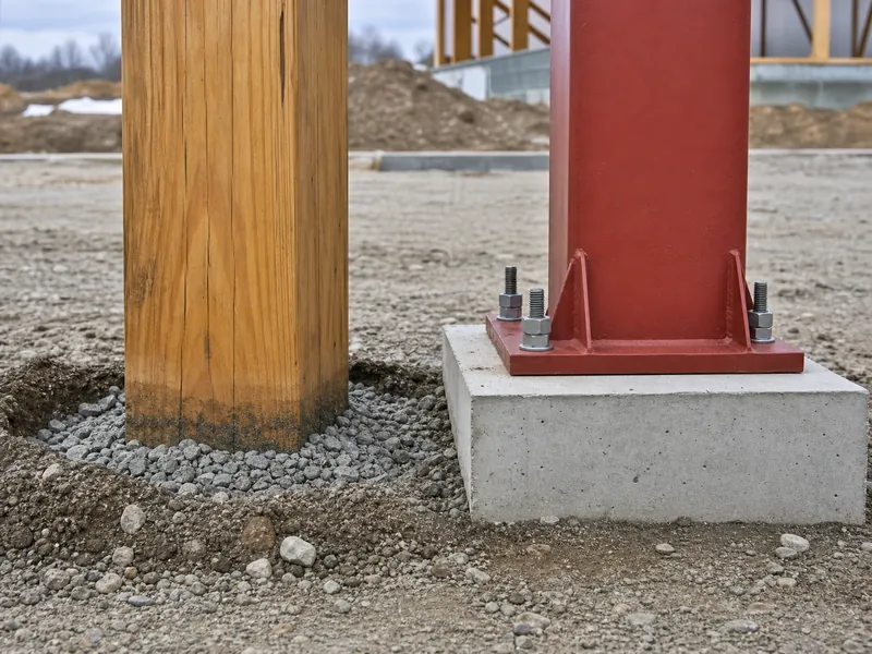 Side-by-side column bases comparing a post-frame wood column at the soil line with a steel column on an anchor-bolted base plate